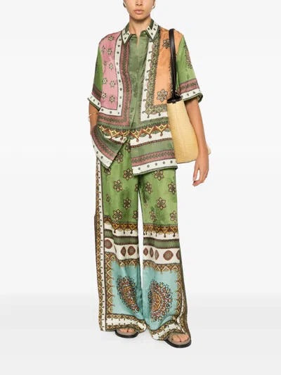 Alemais Contina Multicolor Pants With Elastic Drawstring Waist And All-over Print In Viscose Woman In Green