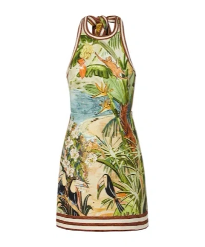 Alemais Toucan Tango Halterneck Printed Organic Cotton Mini Dress In Green