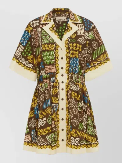 Alemais Camp-collar Cotton Mini Dress With Smocked Waist In Multi