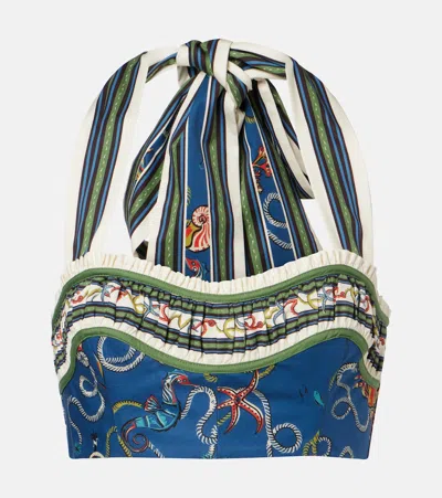 Alemais Cove Printed Halterneck Cotton Crop Top In Blue