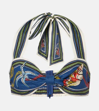 Alemais Cove Printed Halterneck Linen Bra Top In Blue