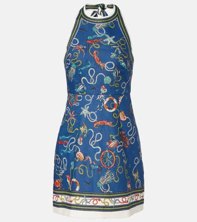 Alemais Cove Printed Halterneck Linen Minidress In Blue