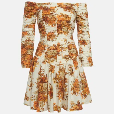 Alemais Cream Floral Printed Cotton Ruched Derby Mini Dress In Multi