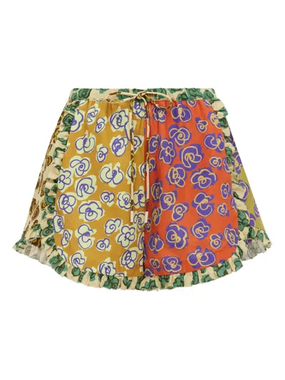 Alemais Curved Hem Mini Shorts With Drawstring Waist And Contrast Ruffle In Multicolor