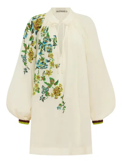 Alemais Deep V Tie Neck Dress With Balloon Raglan Sleeves And Toggle Belt In Neutral