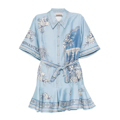Alemais Villa Romantica Blue Mini Dress With Front Blet And All-over Floral Motif In Linen Blend Woman