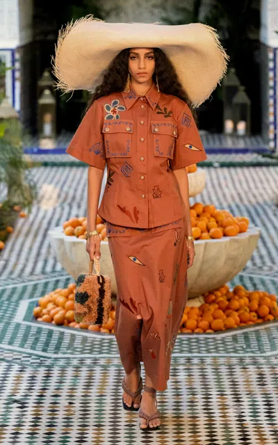 Alemais Dusty Embroidered Fitted Cotton Canvas Shirt In Brown