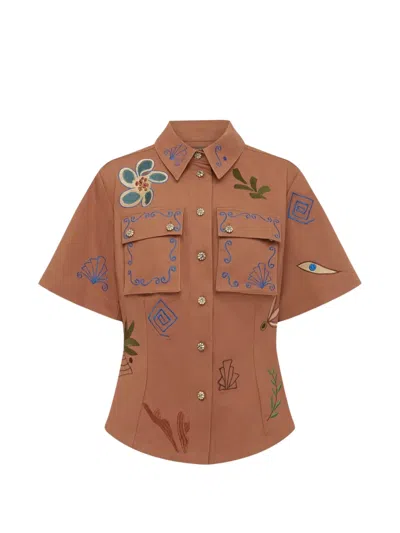 Alemais Dusty-embroidered Fitted Shirt In Brown
