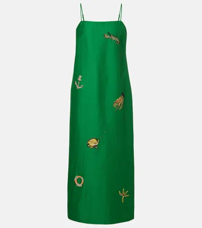Alemais Embellished Printed Linen-blend Maxi Dress In Green