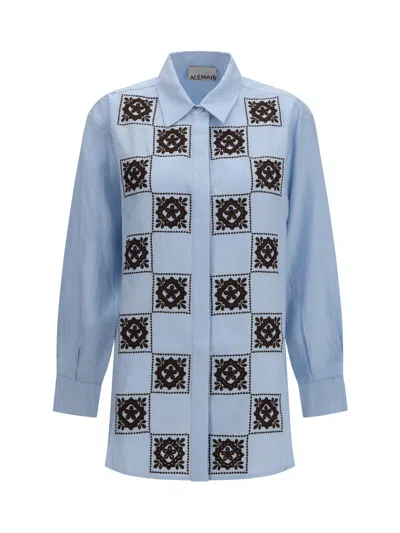 Alemais Embroidered Checked Linen Shirt In Blue
