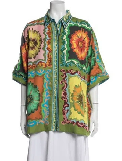 Pre-owned Alemais Floral Print Short Sleeve Button-up Top In Green