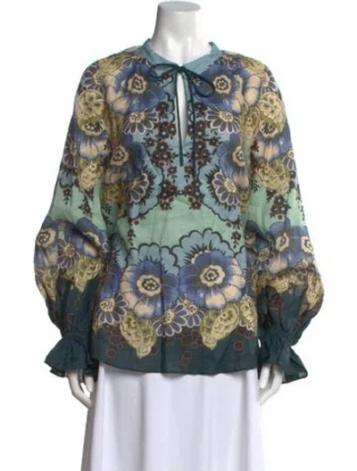 Pre-owned Alemais Floral Print Tie Neck Blouse In Blue