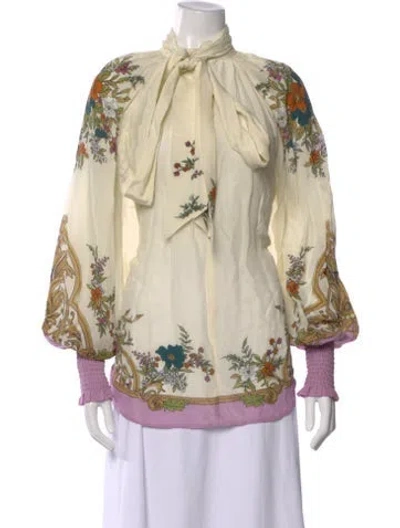 Pre-owned Alemais Floral Print Tie Neck Blouse In Neutral