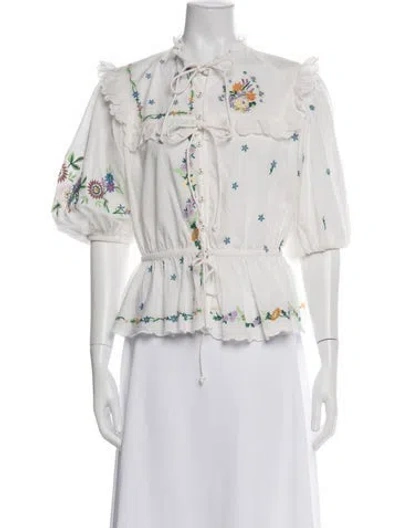 Pre-owned Alemais Floral Print Tie Neck Blouse In White