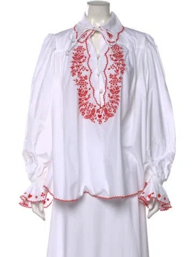 Pre-owned Alemais Floral Print Tie Neck Blouse In White