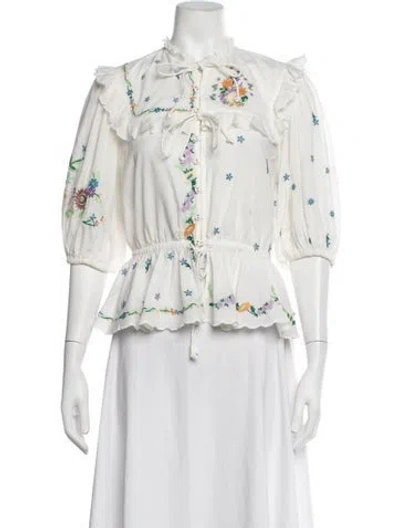 Pre-owned Alemais Floral Print Tie Neck Blouse In White