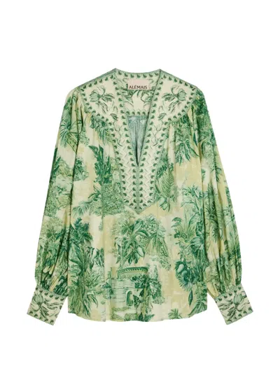 Alemais Floral Print V-neck Top In Green