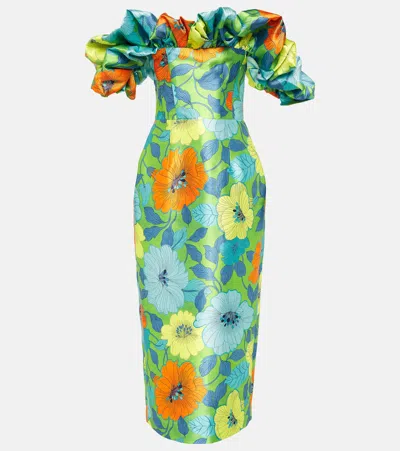 Alemais Floral Ruffled Satin Midi Dress In Multicoloured