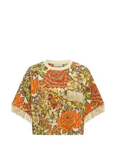 Alemais Floral-print Fringe-trim T-shirt In Orange