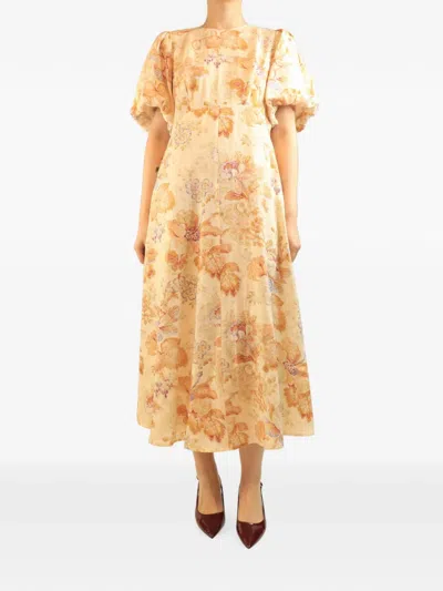 Pre-owned Alemais Floral-print Linen Midi Dress In Neutral