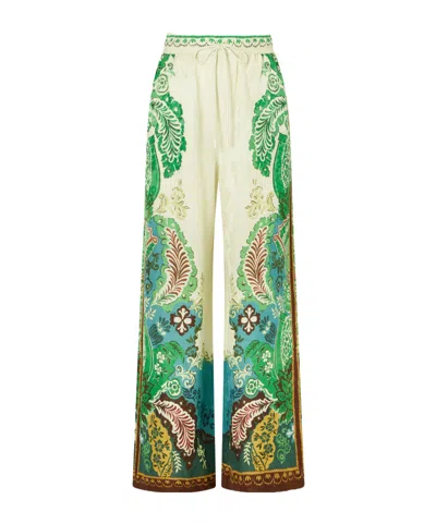 Alemais Florence Drawstring Floral-print Satin-jacquard Wide-leg Pants In White