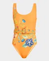 Alemais Flores Belted One-piece Swimsuit In Tangerine