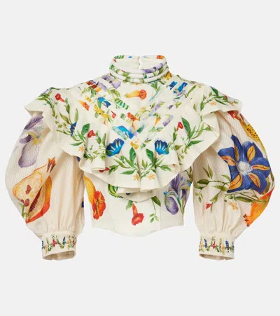 Alemais Flores Ruffled Floral Ramie Blouse In Multicoloured