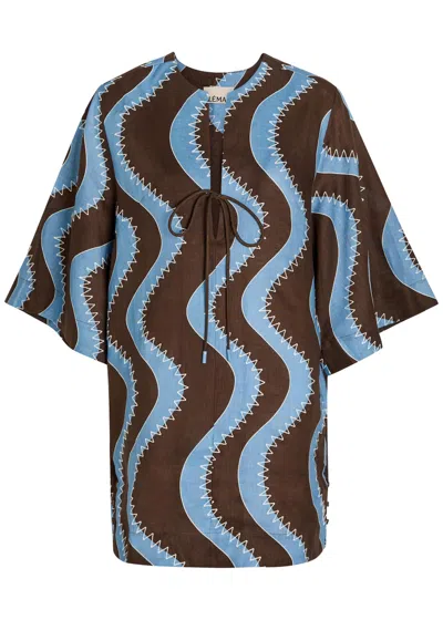 Alemais Frankie Printed Embroidered Linen Mini Dress In Brown
