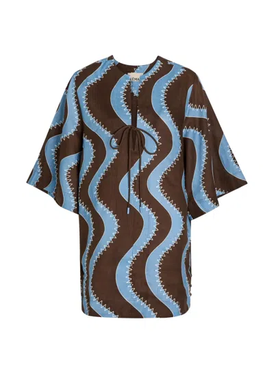 Alemais Frankie Printed Embroidered Linen Mini Dress In Brown