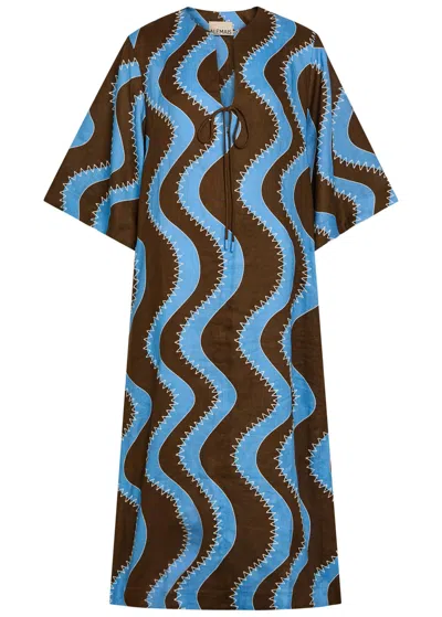 Alemais Frankie Wavy-print Linen Midi Dress In Multi