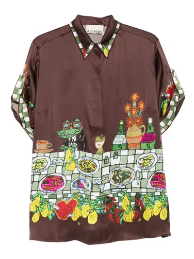 Alemais Fredo Illustration-print Short-sleeve Shirt In Brown