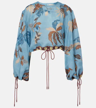 Alemais Georgie Cropped Printed Ramie Blouse In Blue