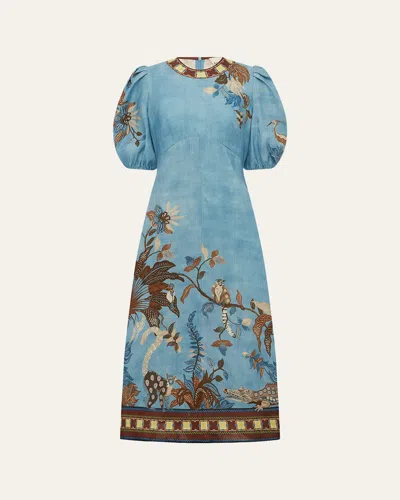Alemais Georgie Puff Sleeve Linen Midi Dress In Blue
