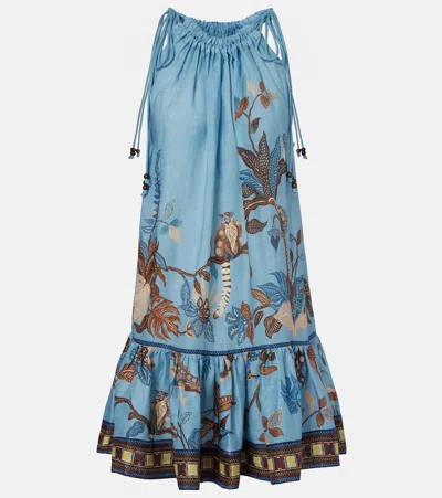 Alemais Georgie Gathered Tiered Printed Ramie Mini Dress In Blue