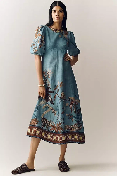 Alemais Georgie Puff Sleeve Linen Midi Dress In Blue