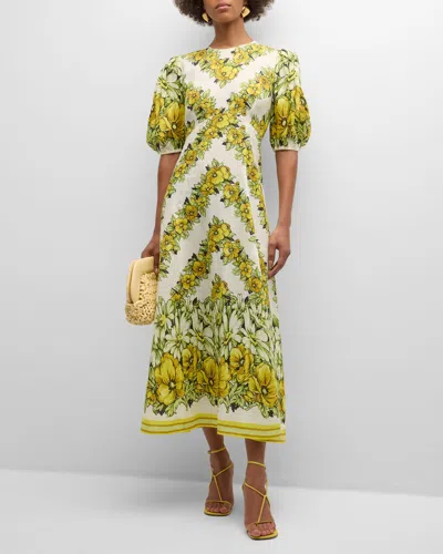 Alemais Gisela Balloon-sleeve Floral Linen A-line Midi Dress In Yellow