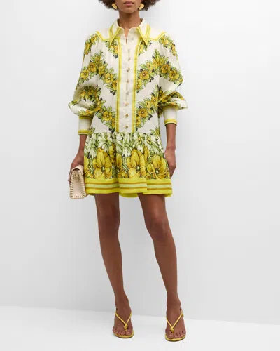 Alemais Gisela Floral Linen Balloon-sleeve Mini Shirtdress In Yellow/neutrals