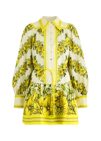 Alemais Gisela Printed Linen Mini Shirt Dress In Yellow