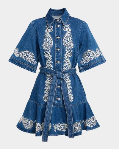 Alemais Jacones Embroidered Denim Mini Shirtdress In Blue