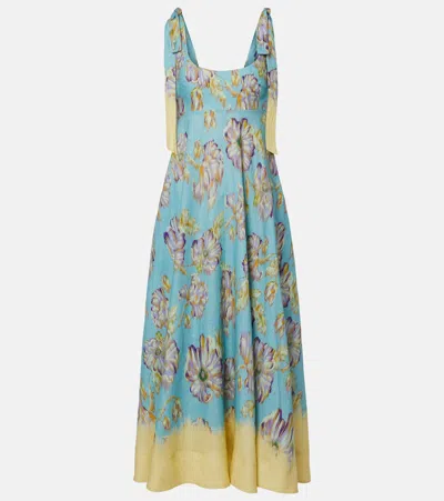 Alemais Jerry Floral-print Linen Midi Dress In Blue