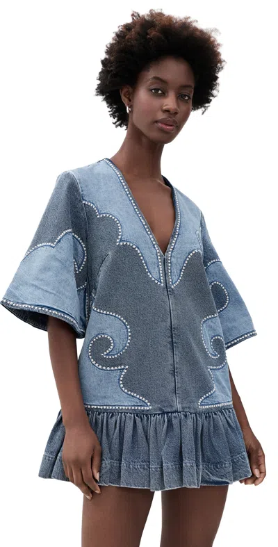 Alemais Jesse Ruffled Embroidered Denim Mini Dress In Blue