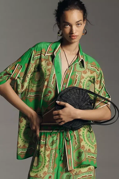 Alemais La Musica Short-sleeve Silk Buttondown Shirt In Green