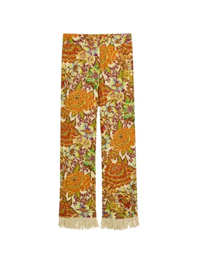 Alemais Lana Floral-print Fringe-trimmed Trousers In Brown