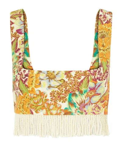 Alemais Lana Floral-print Fringed Linen Crop Top In Multi