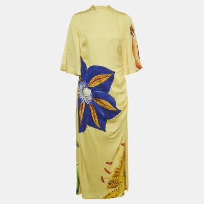 Pre-owned Alemais Lemon Yellow Floral Print Satin Maxi Dress M