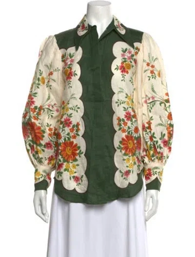 Pre-owned Alemais Linen Floral Print Blouse In Green