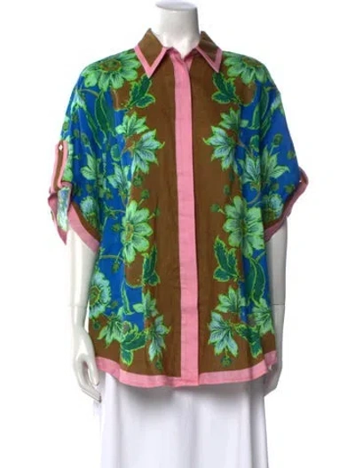 Pre-owned Alemais Linen Floral Print Button-up Top In Green