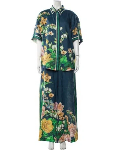 Pre-owned Alemais Linen Floral Print Pant Set In Blue