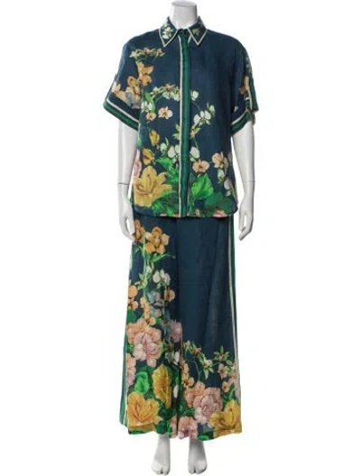 Pre-owned Alemais Linen Floral Print Pant Set In Blue