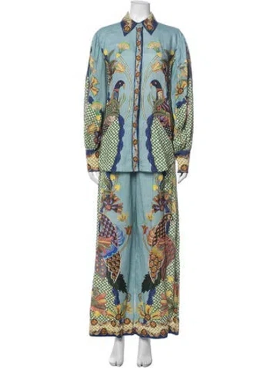 Pre-owned Alemais Linen Floral Print Pant Set In Blue